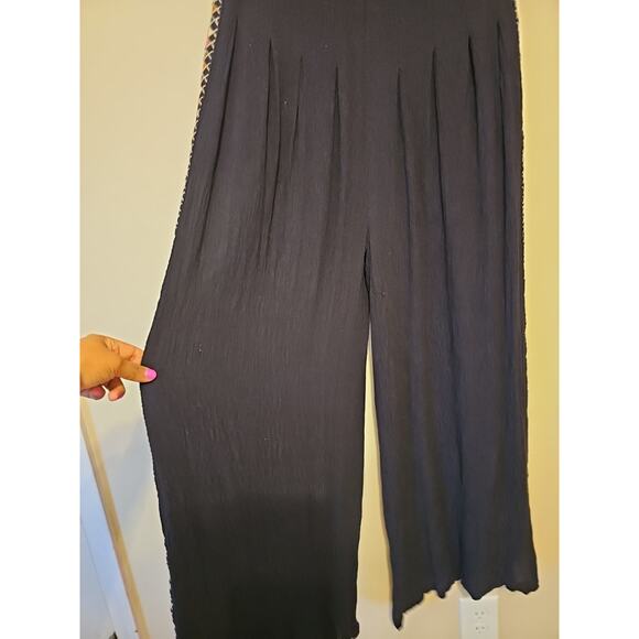 Free People Santoshi Embroidered Black Wide Leg Pants Boho Size 6 - Picture 2 of 15